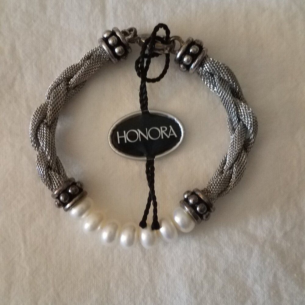 HONORA Braided 925 Silver & Freshwater Pearl Bracelet Lobster Clasp 7.2"